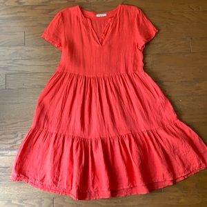 Francesca Bettini 100% Linen Coral / Orange Mini Tiered Ruffle Dress Size XS